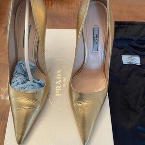 Prada Gold Pumps Size 38 1/2 Box/Bags Original Receipt